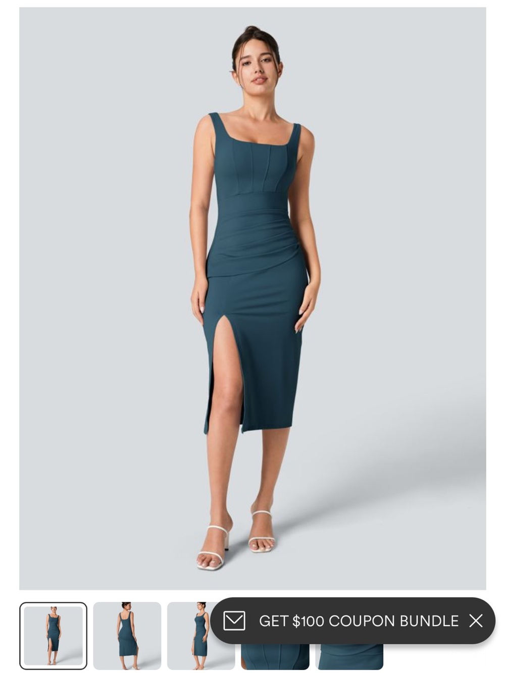 HALARA Teal Square-Neck Midi Dress with Side Slit